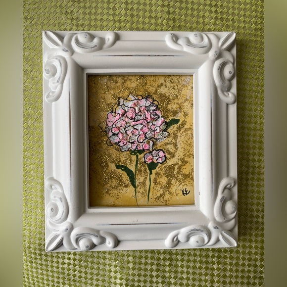 Original flower acrylic painting, abstract. Ornate White Frame 4x4.25 inches - Picture 8 of 11